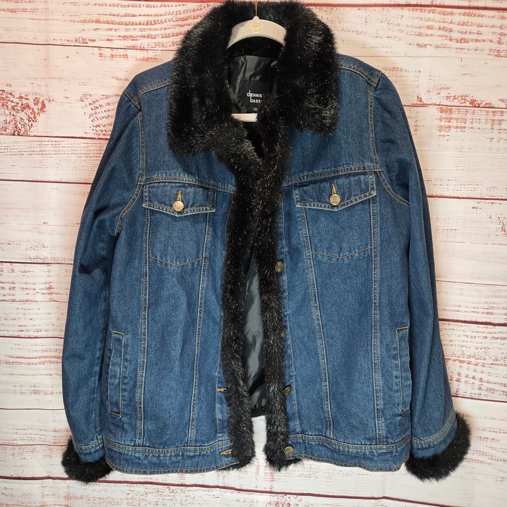 Dennis Basso Women's Denim Faux Fur Trim Jacket Blue Medium